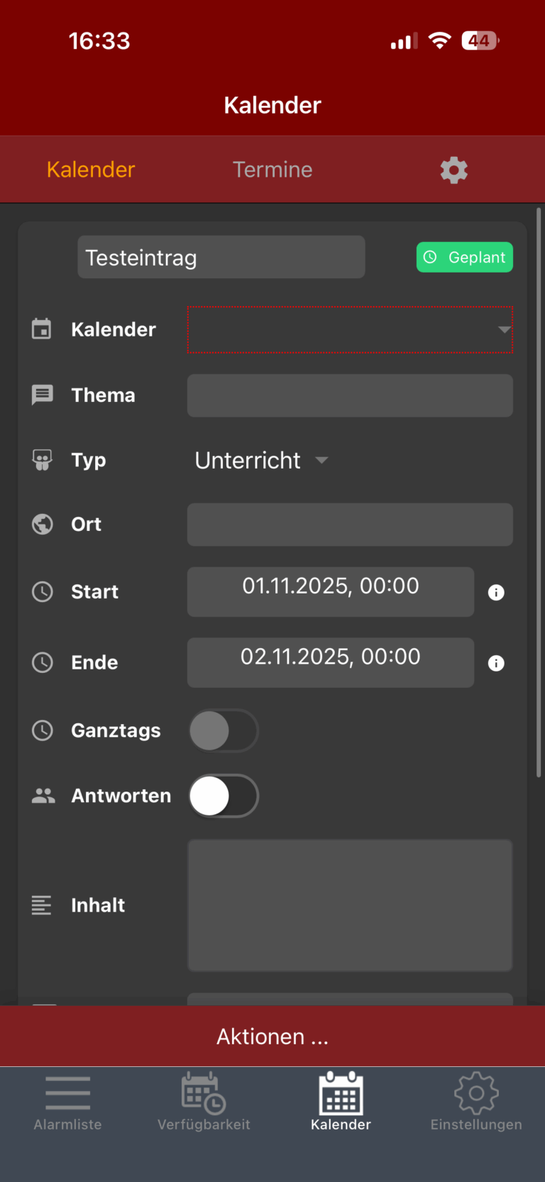 Durch Klicken auf den roten Rahmen bei ‚Kalender‘ öffnet sich eine Kalenderübersicht, in der man Schreibberechtigungen hat.