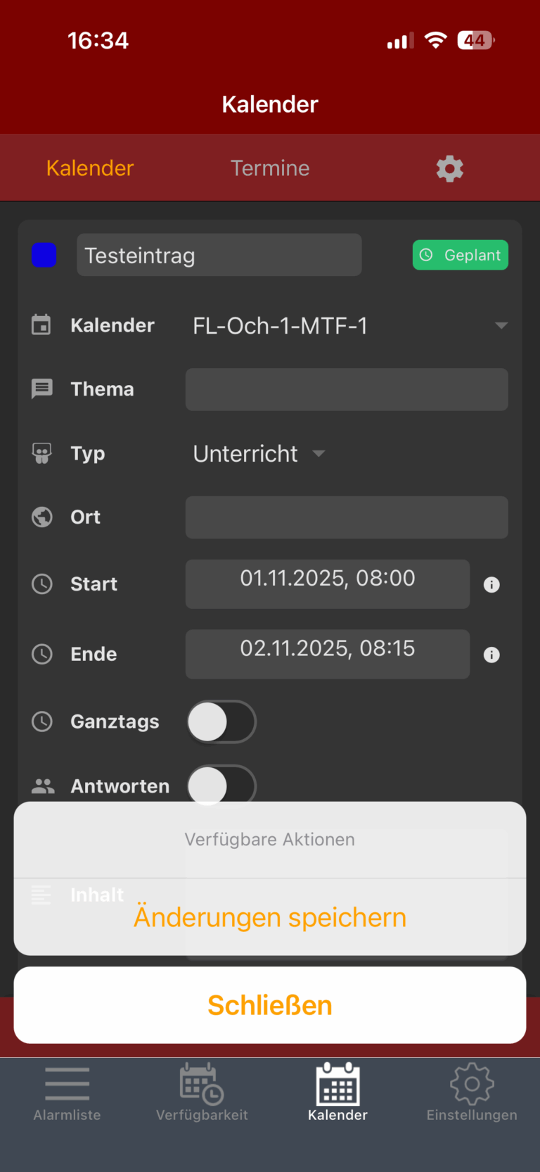 Unter „Aktionen“ kann der Termin abschließend gespeichert werden.